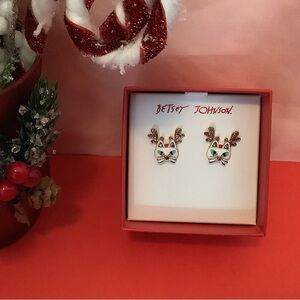 Betsey  Johnson Christmas Cat Reindeer Stud Earrings New In Box